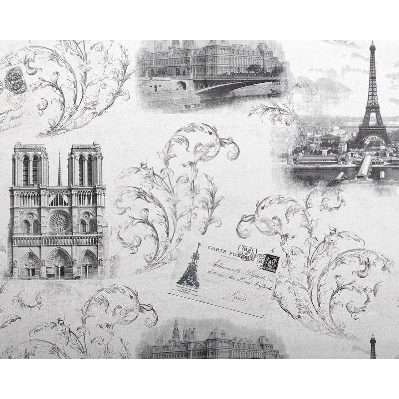 Paris wallcovering wall EDEM 9050-10 non-woven wallpaper embossed Eiffel Tower Notre Dame shabby chic style shimmering white grey 10.65 m2 (114 ft2)