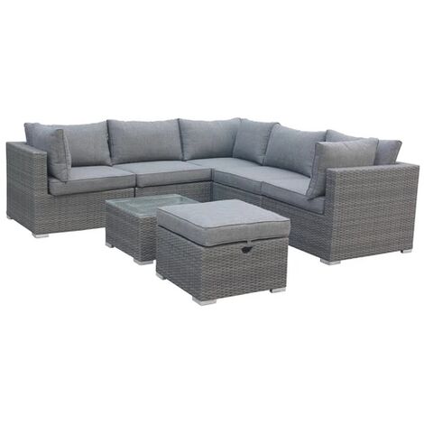 PARISIAN 7pc Modular Corner Lounging Set 2pc LH/RH End Seat, 1pc Corner Chair, 2pc Middle Chair, 1 Ottoman including Cushions and 1pc Coffee Table with Clear Glass Top