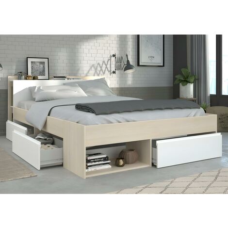 Kauf-unique - PARISOT Bett mit Stauraum Most - Verstellbar 160x200cm - Holzfarben - Naturfarben hell, Weiß