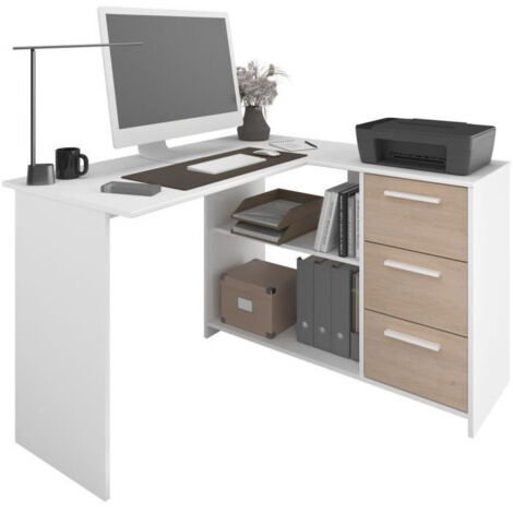 PARISOT Bureau d'angle 3 tiroirs - Décor Blanc / Chene - 121,2 x 74,5 x 111 cm - ESSENTIEL