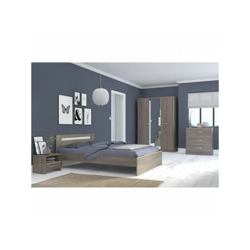 Parisot - Chambre complete adulte - Contemporain - Décor noyer silver - l 140 x l 190 cm - ysa