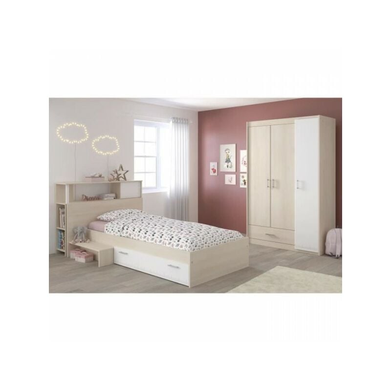 Chambre enfant complete - Tete de lit + lit + armoire - Style contemporain - Décor acacia clair et blanc - charlemagne - Parisot