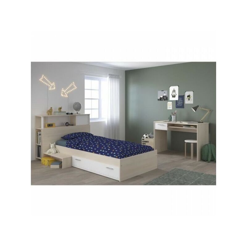 Chambre enfant complete Tete de lit + lit + bureau - Style contemporain - Décor acacia clair et blanc - charlemagne - Parisot