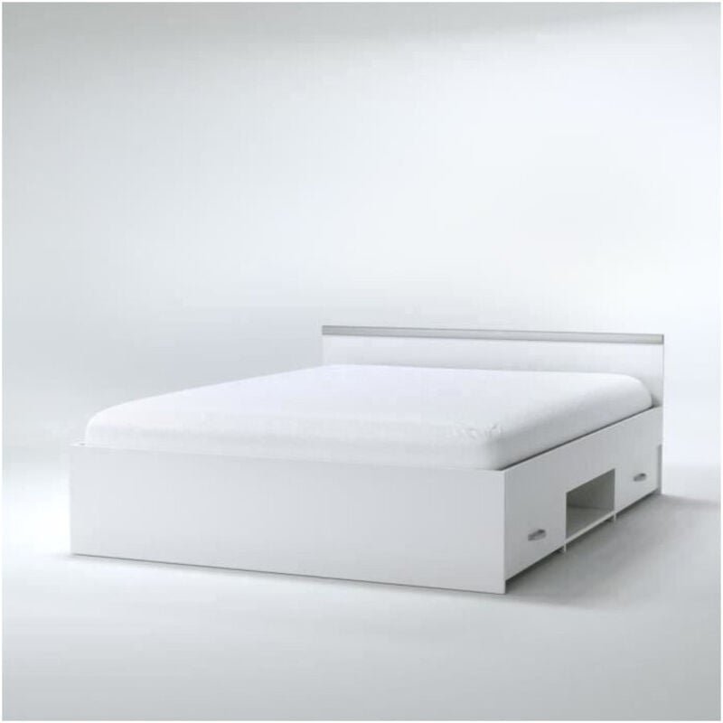 Les Tendances - Lit avec rangements 140 x 190 cm - 2 tiroirs et 1 niche - Coloris : blanc - pablo