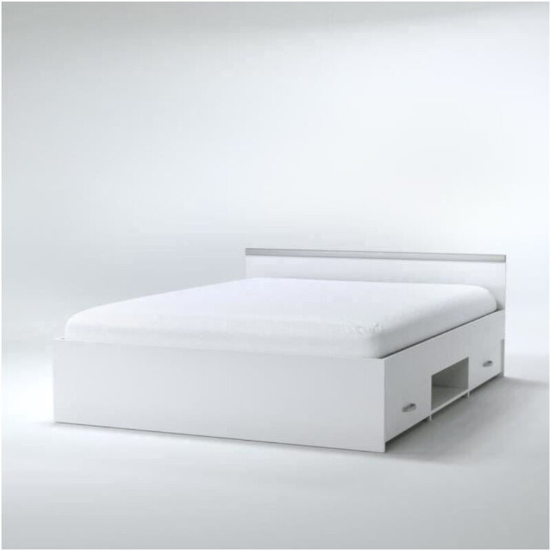 Les Tendances - Lit avec rangements 140 x 190 cm - 2 tiroirs et 1 niche - Coloris : blanc - pablo Les Tendances - Lit avec rangements 140 x 190 cm - 2 tiroirs et 1 niche - Coloris : blanc - pablo