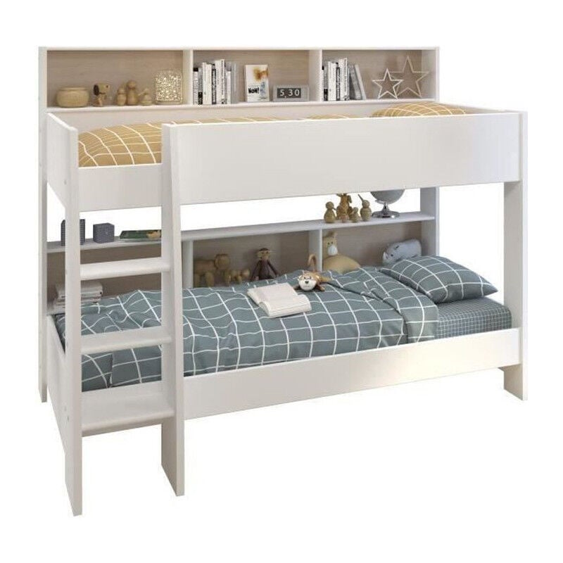 PARISOT Lit enfant superpose contemporain decor chene brooklyn et blanc - l 90 x L 200 cm - JIM