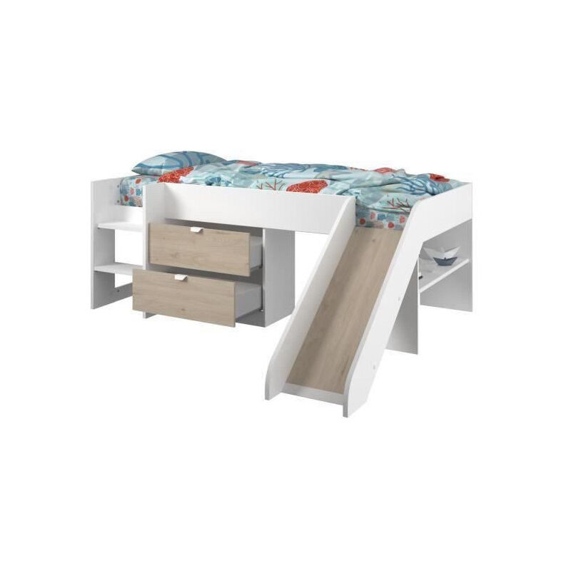 Les Tendances - Lit toboggan enfant - Decor Blanc et Chene Jackson - Sommier inclus - 90 x 200 cm - slide