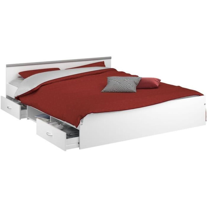Lit adulte ZODIAC 160x200 - Décor blanc - 2 tiroirs - L165.8 x H58.9 x P203 cm - Fabriqué en France
