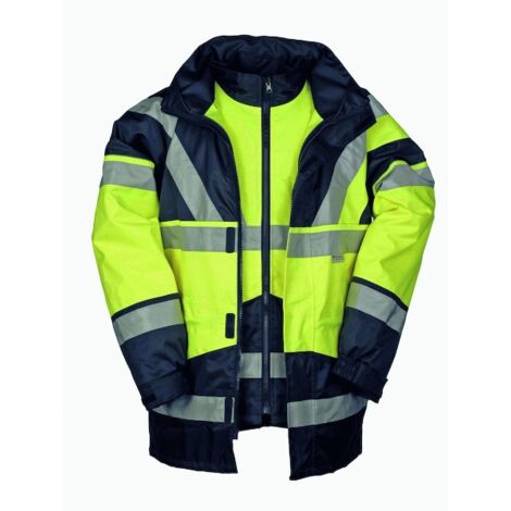 Parka 4 en 1 haute visibilité jaune/marine – 100% étanche – Col droit avec fermeture sous rabat – Taille 4XL – Sioen