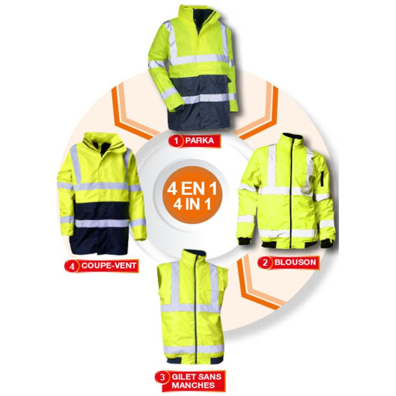 Parka 4 en1 haute visibilité Jaune Fluo/Marine PREVENTION - 5002 - LMA - taille L
