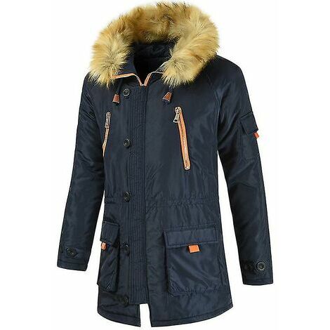 Parka Rembourrée Pour Homme Manteau D'hiver Chaud En Fausse Fourrure À Capuche Haut - Bleu Marine M