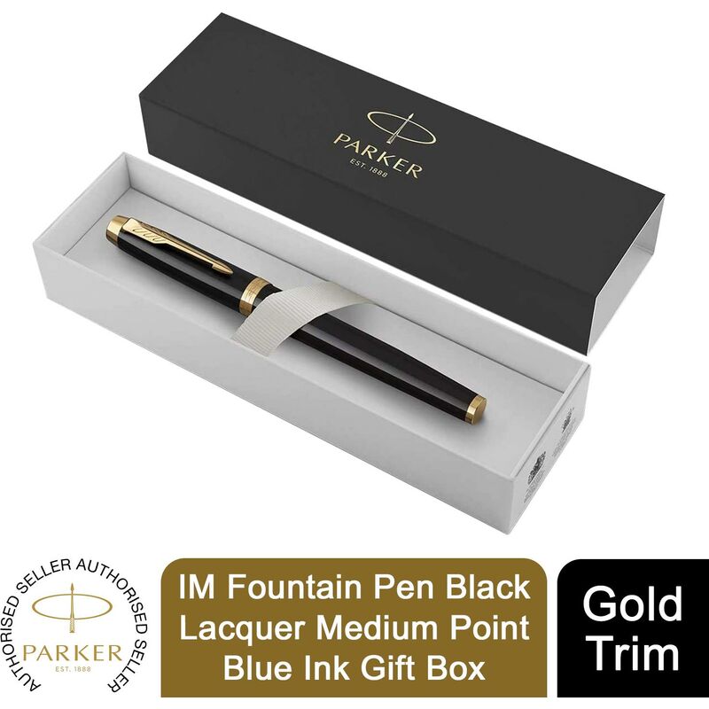 Parker IM Fountain Pen Black Lacquer Medium Point Blue Ink Gift Box