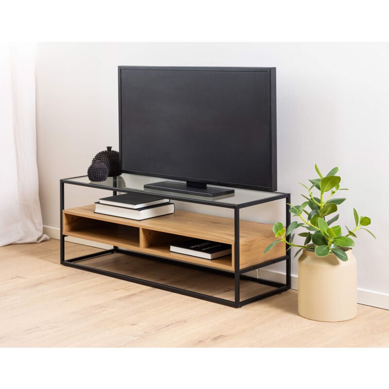 Lisa Design - Parker - meuble tv - bois, verre et métal noir - 120 cm - bois / noir