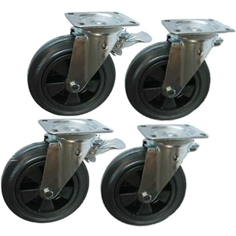 Parnells 4-200mm Rubber Wheels Waste Bin Casters - Swivel & Brake Swivel 1100 Liter