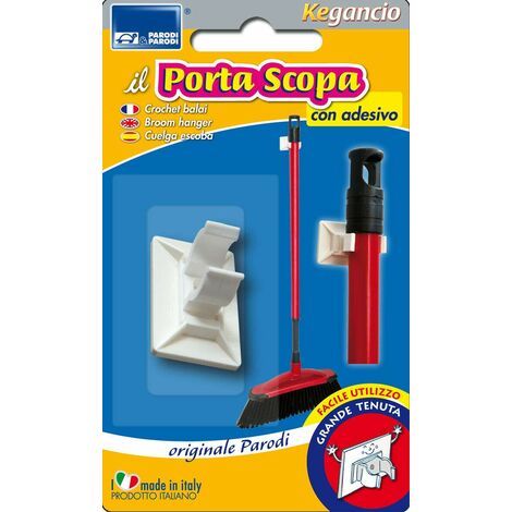 PARODI & PARODI Porta, portascopa Adesivo, Appendere, Gancio appendi Scopa da Usare con Biadesivo e/o Vite di Fissaggio, Facile utilizzo, Neutro, Standard