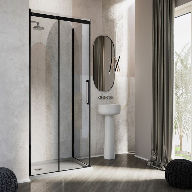 Idralite - Parois cabine de douche angulaire avec easy-clean h 200 verre transparent 8 mm mod. Prime Black duo 1 porte 90X150 vers gauche