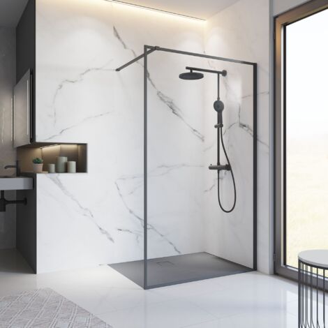 Paroi de douche 100 x 200 cm à l'italienne Contoura, profilé noir, paroi fixe Walk In, verre 6 mm anticalcaire Schulte