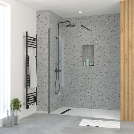 Aurlane – Paroi de douche 100x195 cm en verre trempé 5 mm – Finition noire – Installation réversible – Design minimaliste moderne