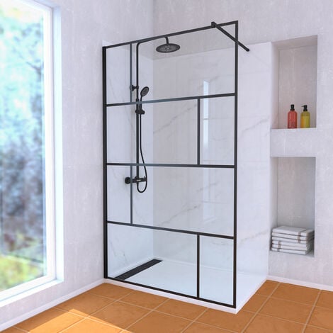 Pack Paroi de Douche 120 cm Sérigraphie Noire et Receveur Blanc 80x120 + Colonne de Douche Noire Thermostatique ou Mécanique