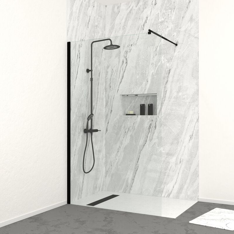 Paroi de Douche 120cm Verre 8mm - Profilé + Bras extensible + Colonne de Douche Mécanique noir mat