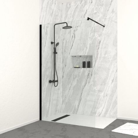 paroi de douche 120cm verre 8mm - profilé + bras extensible + colonne thermostatique noir mat