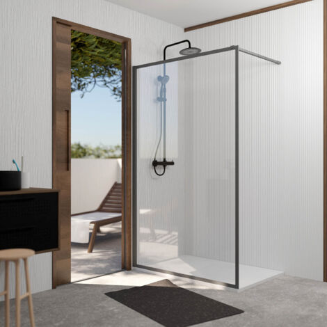 Aurlane – Paroi de douche 120x200 cm – Verre trempé 6 mm – Aluminium finition gun metal – Installation réversible et bras extensible 70-100 cm