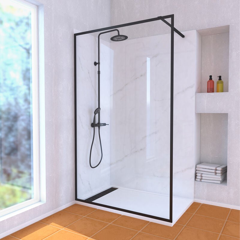 Paroi de Douche 120x200 Verre 8mm & Cadre Noir + Receveur Blanc 80x120 + Colonne de Douche Mécanique