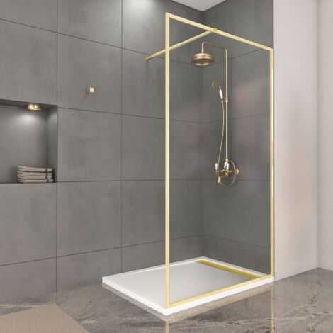 paroi de douche 120x200cm + grille finition or doré brossé + receveur blanc 120x90x4cm