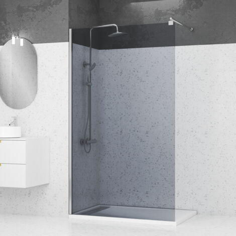 Aurlane – Paroi de douche 120x200 cm en verre trempé fumé 8 mm – Profilé aluminium chrome – Fixation murale ajustable 1 cm – Bras de maintien extensible
