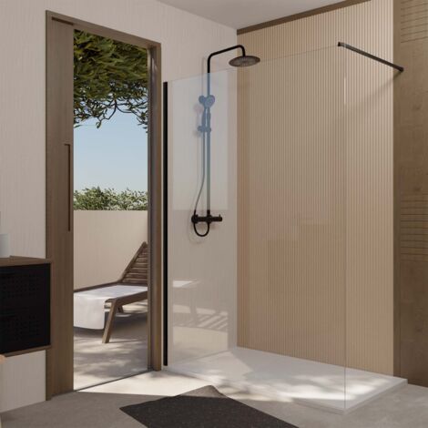 paroi de douche 140x200cm en verre trempé transparent 8mm anticalcaire - profilé noir mat - lina
