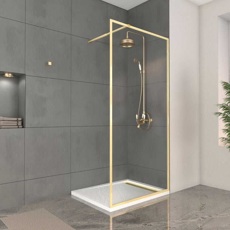 Aurlane - Paroi de Douche 100x200cm + Grille Finition Or Doré Brossé + Receveur Blanc effet pierre 100x80x4cm