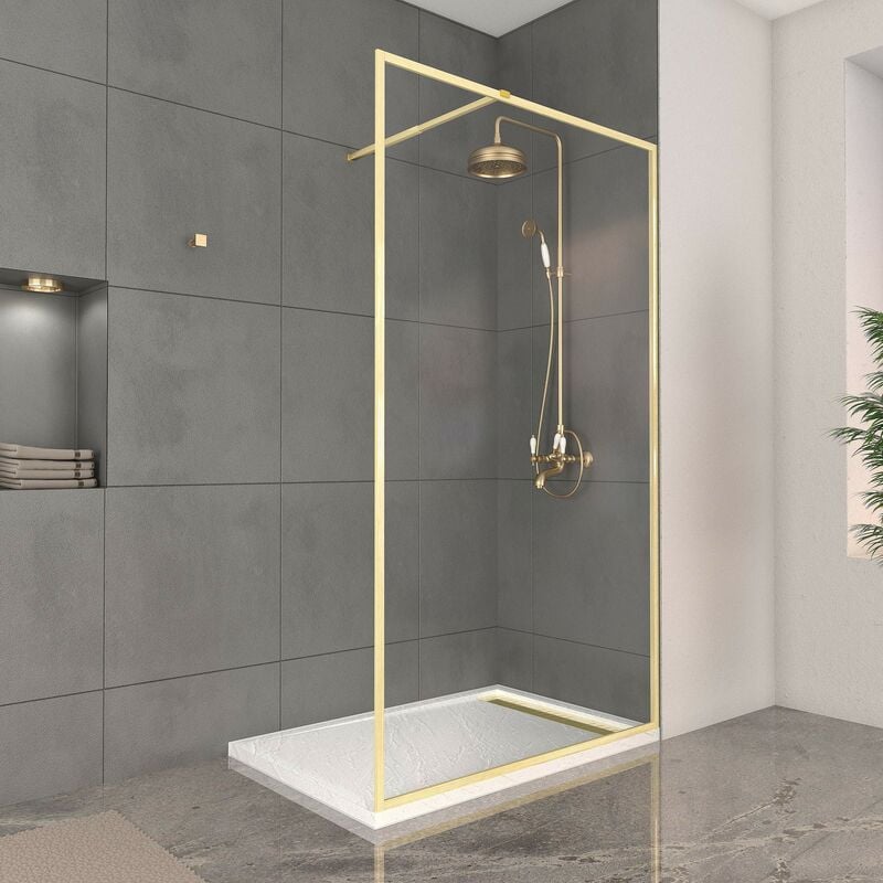 Aurlane - Paroi de Douche 120x200cm + Grille Finition Or Doré Brossé + Receveur Blanc effet pierre 120x80x4cm