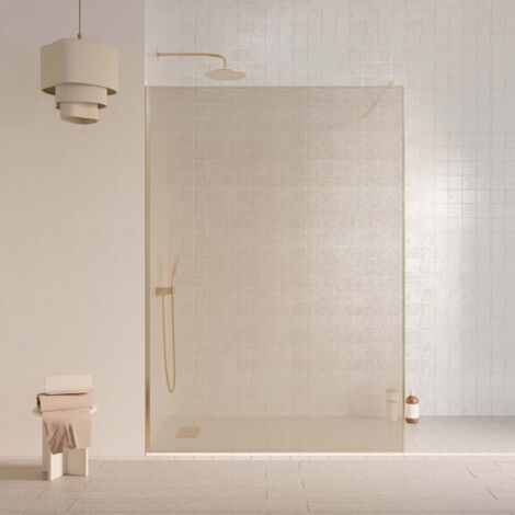 Aurlane – Paroi de douche 140x200 cm – Verre trempé 8mm avec tissu doré – Encadrement aluminium or brossé – Installation réversible