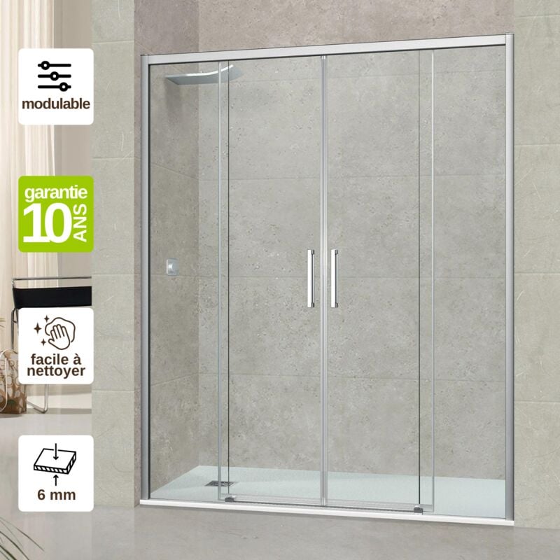 Pare douche portes coulissantes en verre ép 6mm L156/160H195 cm, profilé chrome, SUPERBAN Vézannes 4P