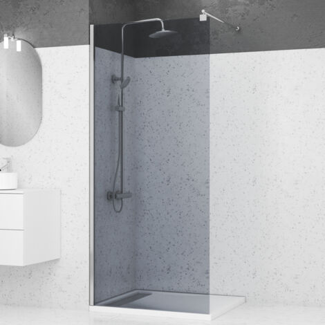 Aurlane – Paroi de douche 90x200 cm en verre trempé fumé 8 mm – Profilé aluminium chrome – Fixation murale ajustable 1 cm – Bras de maintien extensible