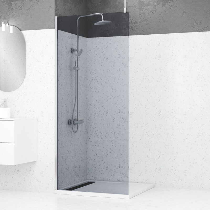 Paroi de Douche 90x200cm Verre Fumé - Profilé + Barre Plafond Finition Chrome - freedom 2 smoked