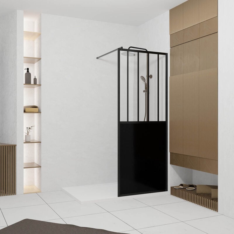 Paroi de douche 80x200 cm type Verriere - Verre trempe et Structure aluminium noir mat - glassy