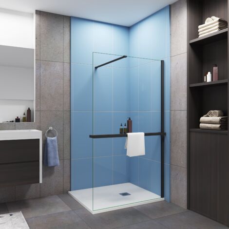 Paroi de douche à l'italienne 100x200cm installé avec une barre de fixation en 140cm,livré avec étagère de douche noir