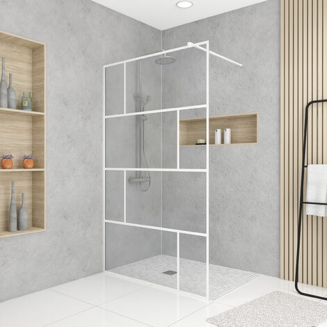 Paroi de douche à l'italienne 120x195cm - Sérigraphie type briques - Profile blanc - WHITE BLOCKS