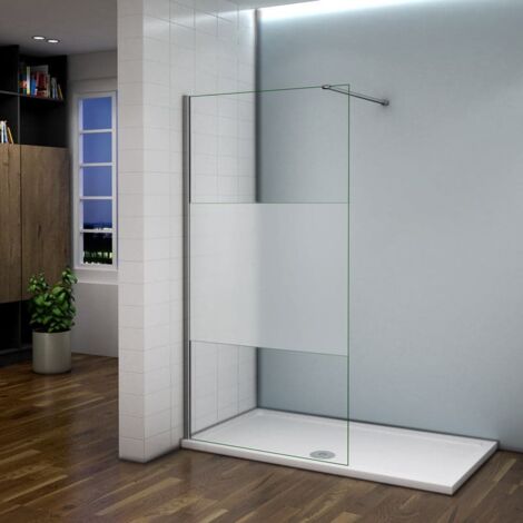 Paroi de douche à l'italienne 120x200cm en verre sécurité et bande central dépoli avec barre de fixation en 90cm
