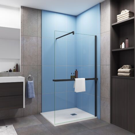Paroi de douche à l'italienne 120x200cm installé avec une barre de fixation carré en 140cm,livré avec étagère de douche noir
