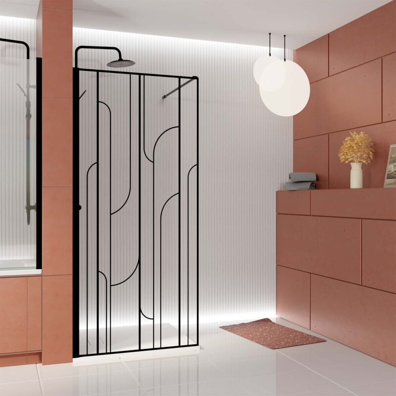 Paroi de douche à l'italienne 90x195cm Sérigraphie Art Déco Arrondie - Noir Mat - gatsby