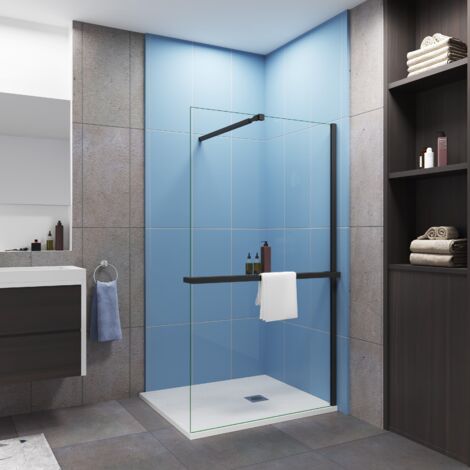 Paroi de douche à l'italienne 140x200cm installé avec une barre de fixation noir 73-120cm extensible,livré avec étagère de douche noir
