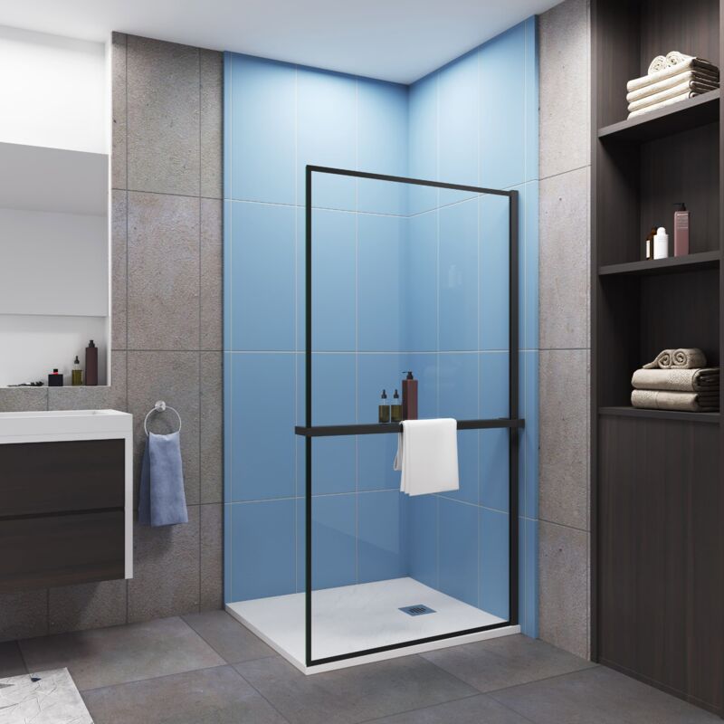Paroi de douche à l'italienne cadre noir 80x200cm cadre et étagère de douche aluminium et noir mat Paroi de douche à l'italienne cadre noir 80x200cm cadre et étagère de douche aluminium et noir mat