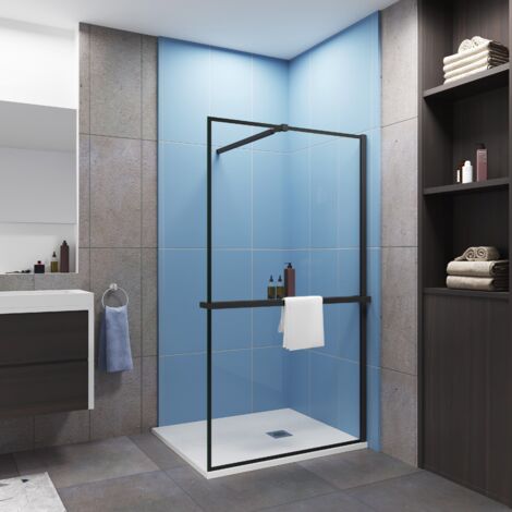 Paroi de douche à l'italienne cadre noir 120x200cm installé avec une barre de fixation noir 73-120cm extensible,livré avec étagère de douche noir