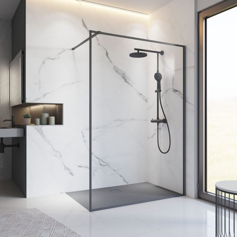 Paroi de douche 120 x 200 cm à l'italienne Contoura, profilé noir, paroi fixe Walk In, verre 6 mm anticalcaire Schulte