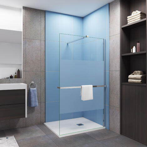 Paroi de douche à l'italienne en bande central dépoli 100x200cm avec porte serviette-étagère chromé et une barre de fixation forme carré extensible