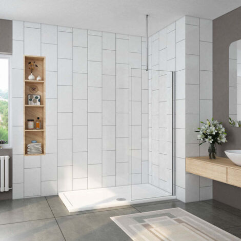 Paroi de douche à l'italienne en verre 8mm anticalcaire, Océan paroi de douche 40x200cm livré avec une barre de stabilisation au plafond 90-150cm