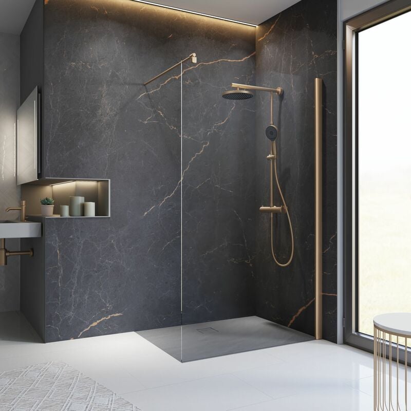 Paroi de douche à l'italienne, profilé cuivré à clipser, paroi fixe Walk In, verre 6 mm anticalcaire, 120 x 200 cm
