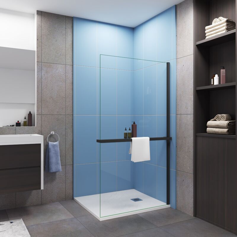 Paroi de douche à l'italienne profilé en noir 100x200cm avec étagère de douche et porte serviette profilé en noir mat